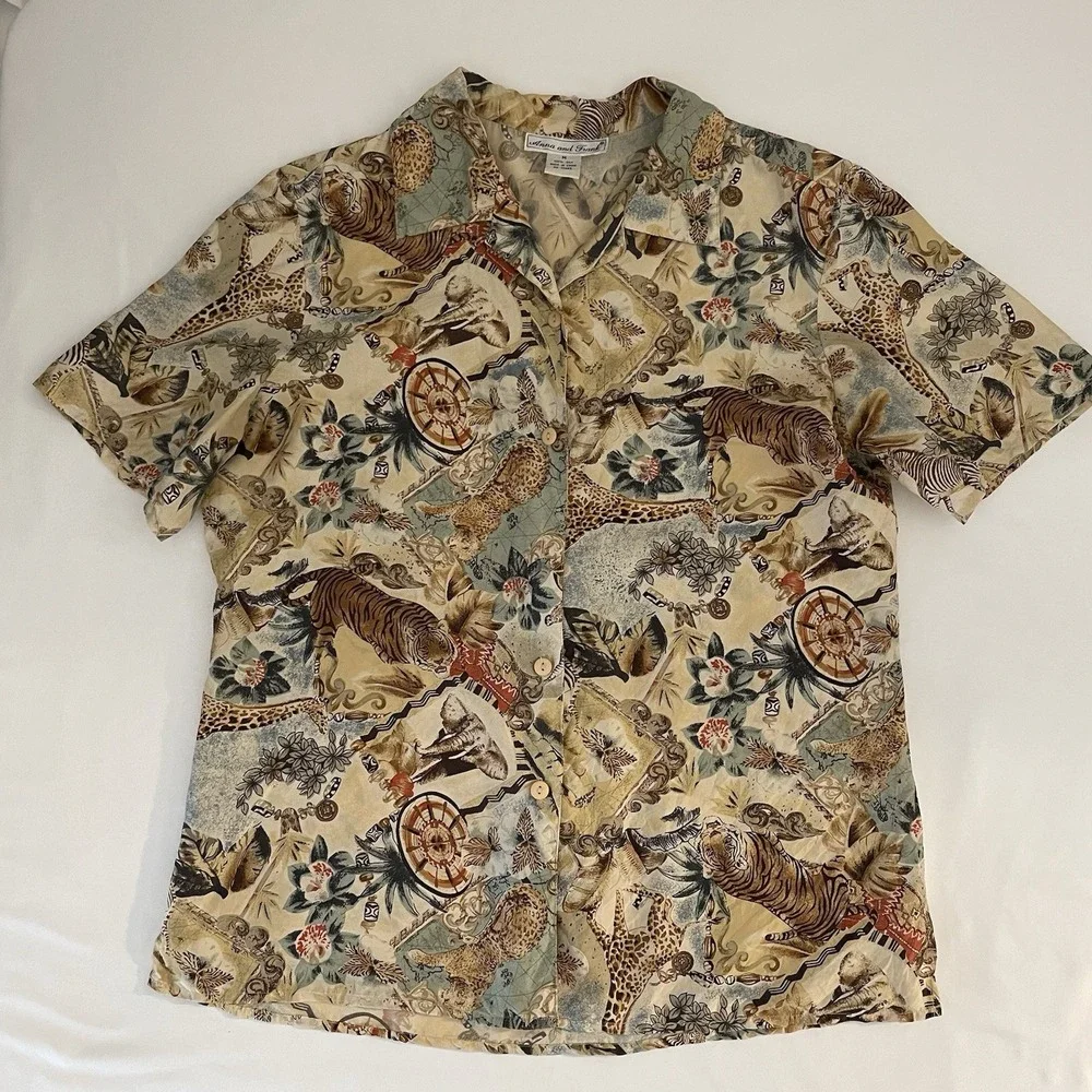 Vintage Anna & Frank Top Womens Medium M 100% Silk African Safari Animal Print - Picture 3 of 8